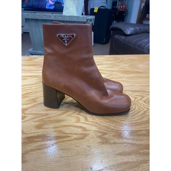 Prada Milano Ankle Boots Women's 7 Brown Leather Side Zip Square Toe Bootie S34 - Picture 1 of 14